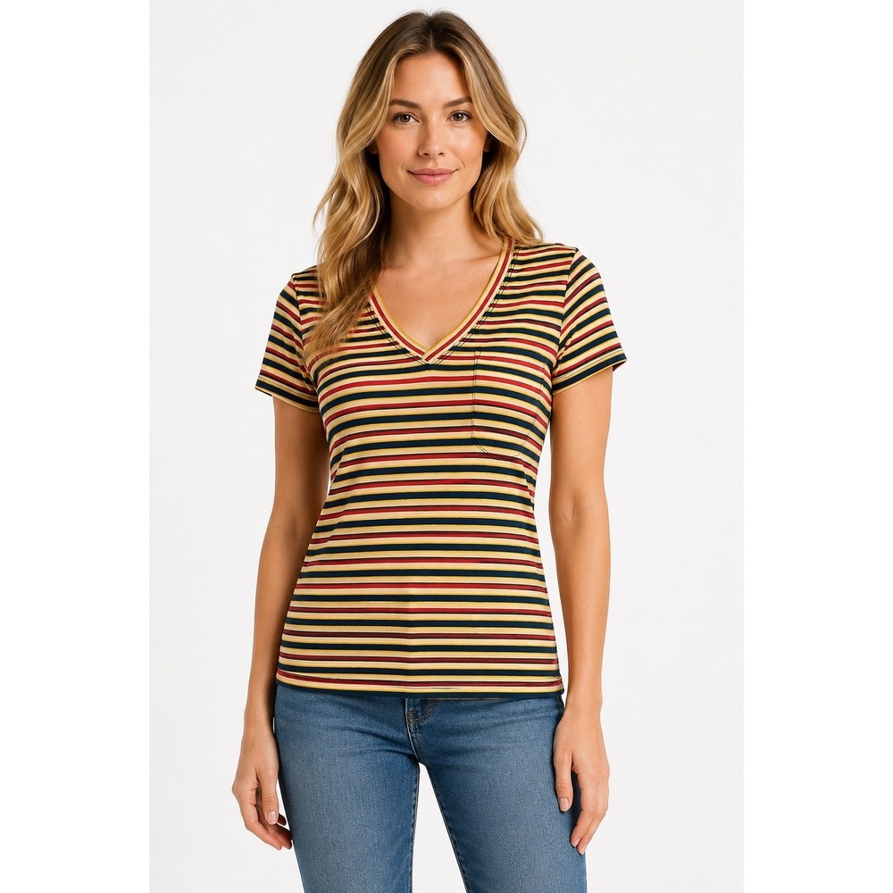 Toad & Co Swifty Pocket V Neck Gold Rush Retro Striped Short Sleeve Tee Small S